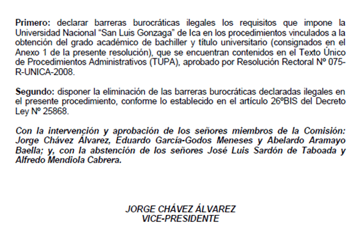 UNIVERSIDAD SAN LUIS GONZAGA DE ICA : INDECOPI DECLARA BARRERA BUROCRATICA ILEGAL REQUISITOS PARA TRAMITE DE BACHILLER Y TITULO 1 barrera burocrática